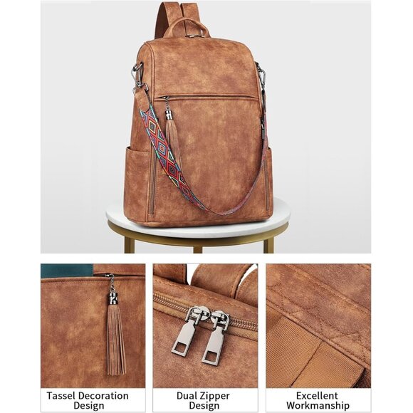 Women's Brown Retro Style Backpack Designer 15.6 inch PU Leather Laptop Bags - Picture 4 of 9